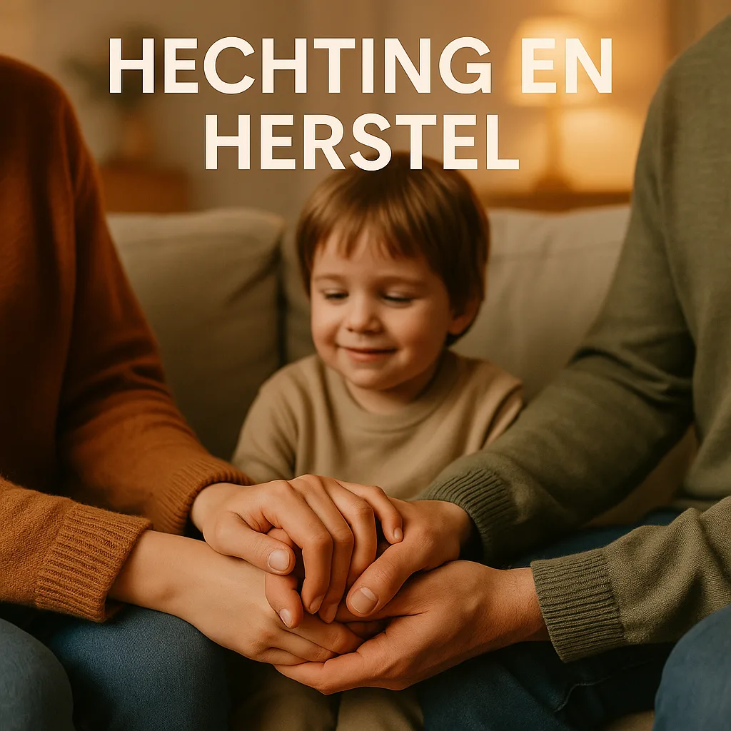 Ouders en kind samen in warme sfeer, symbool voor hechting en herstel.