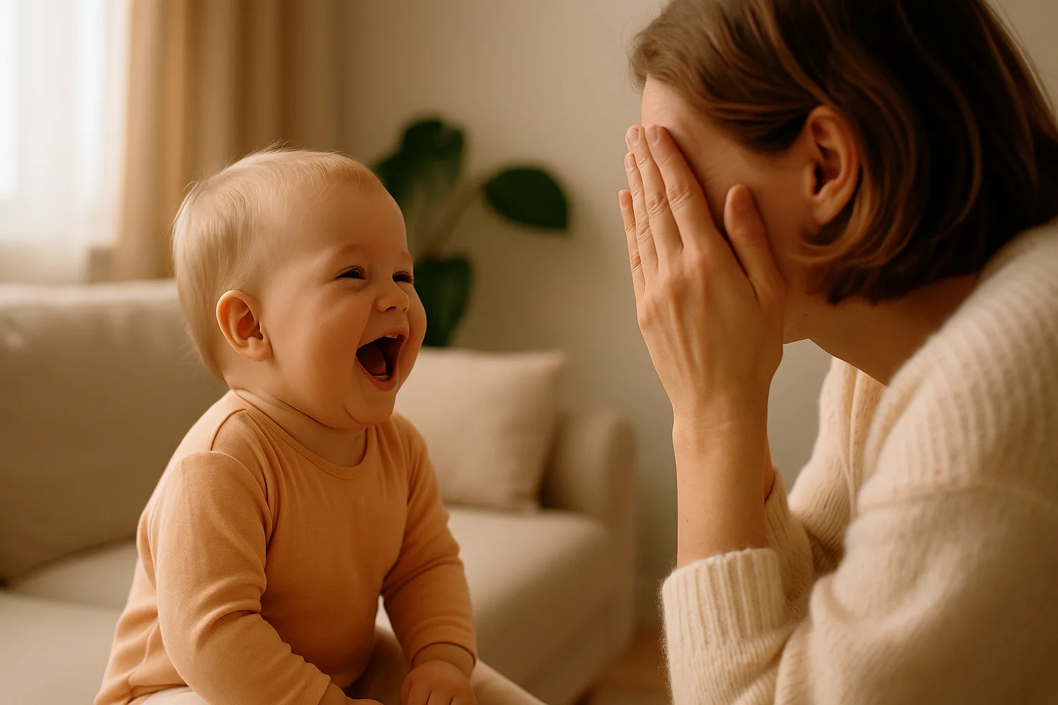 Ouder speelt kiekeboe met baby, lachend en veilig.