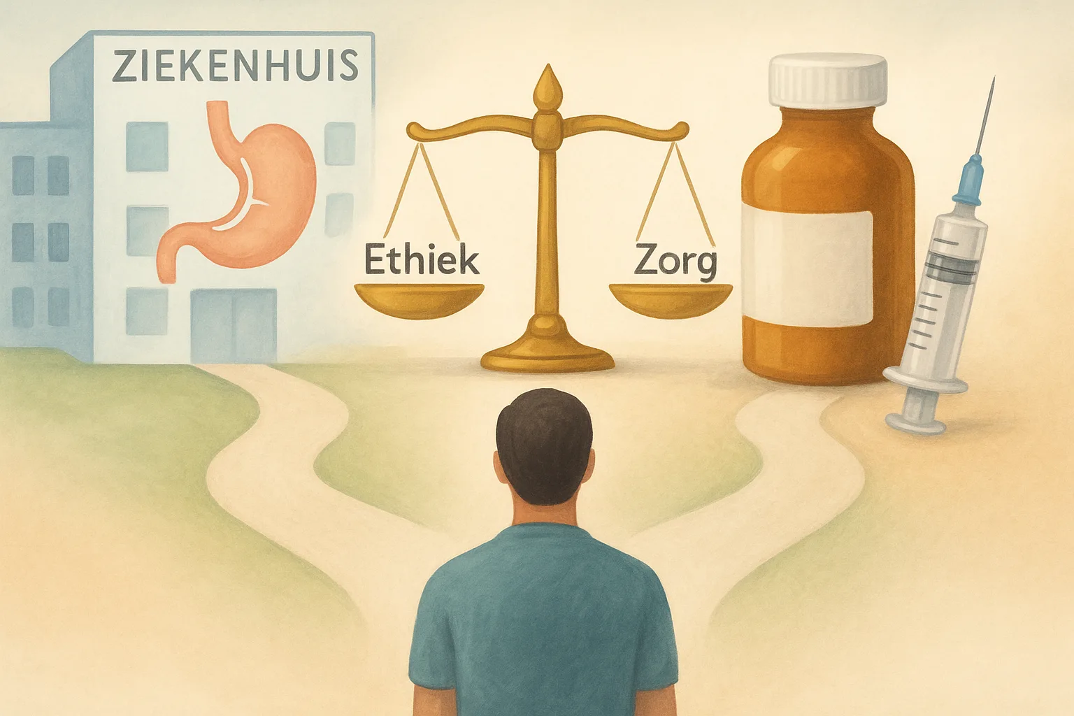 Mensfiguur bij kruispunt tussen chirurgie en medicatie met ethiek-weegschaal.