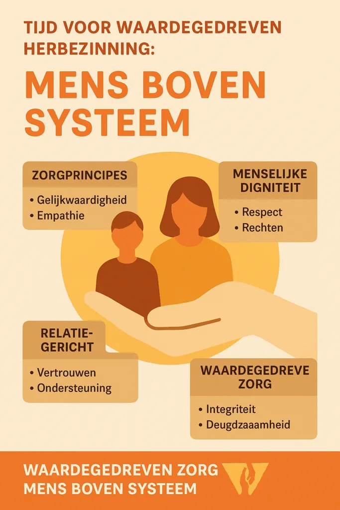 Infographic met de titel “Tijd voor waardegedreven herbezinning: mens boven systeem”. Afbeelding toont een balans met aan de ene kant koude, grijze systeemiconen (dossiers, regels, instellingen) en aan de andere kant warme, kleurrijke symbolen van mensen, zorg en samenwerking. Het benadrukt de waarden van CIV-CARE: menselijkheid, compassie en verbinding boven bureaucratische logica.