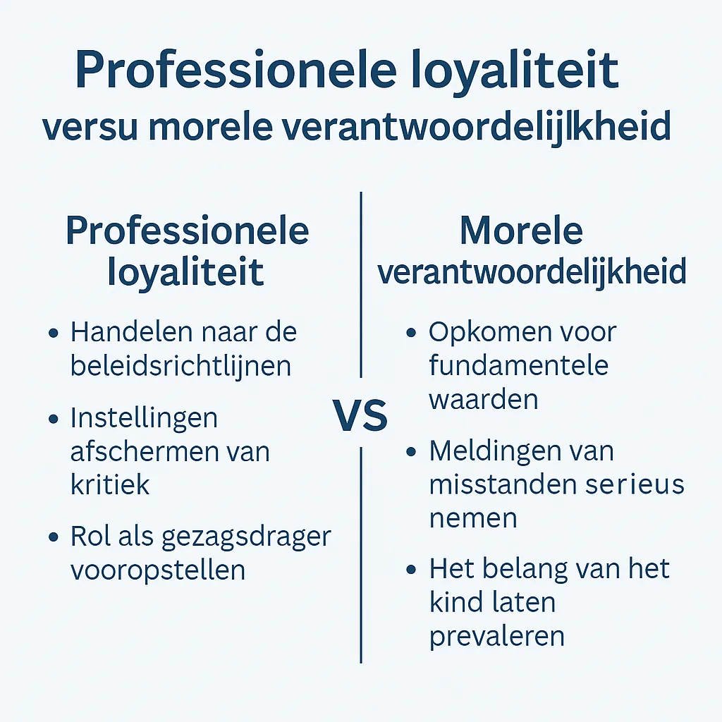 Infographic die het contrast toont tussen professionele loyaliteit aan een instelling en morele verantwoordelijkheid voor het kind.
