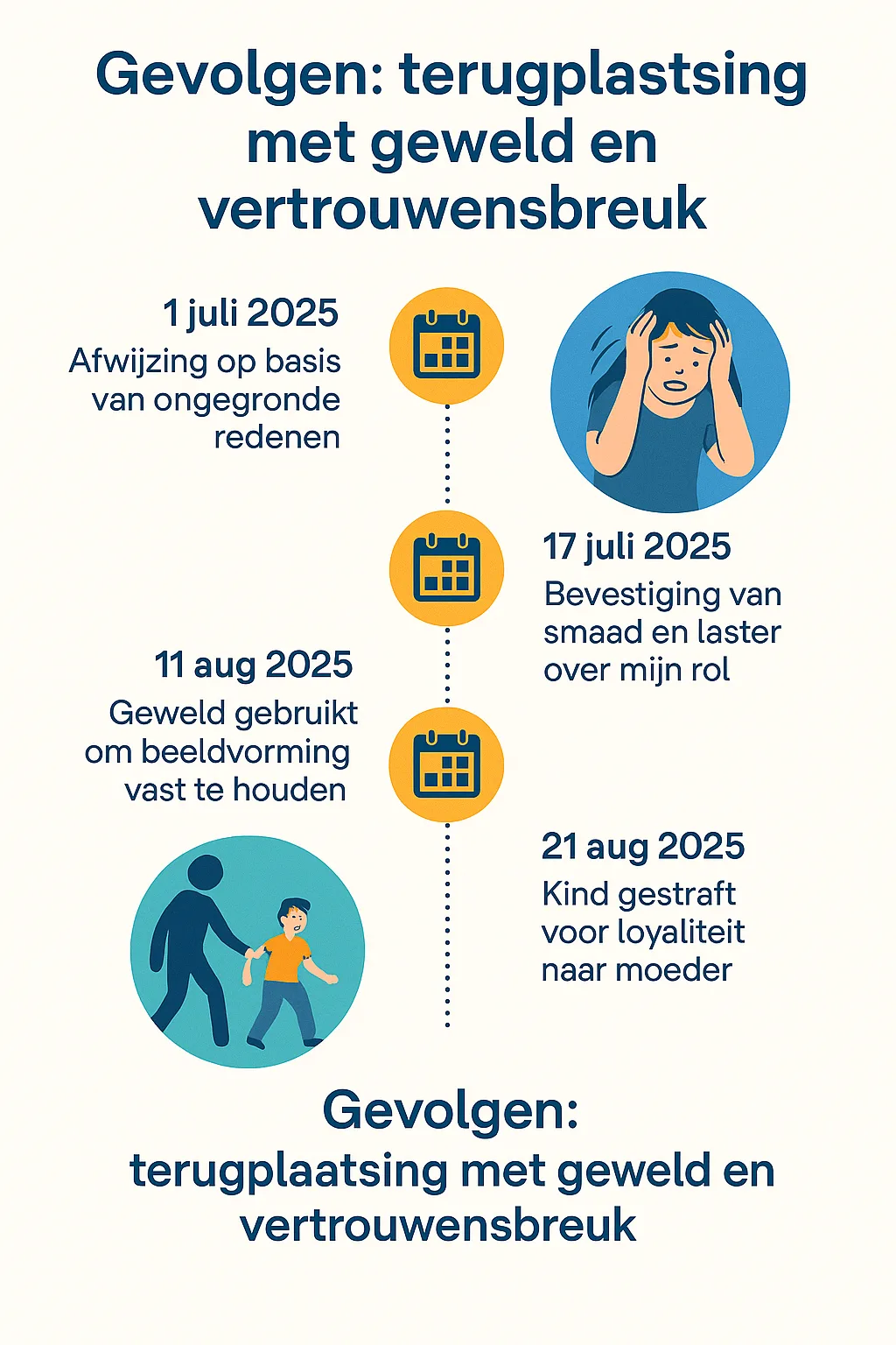 Infographic met tijdlijn van uitsluiting in de jeugdzorg, van 1 juli tot 22 augustus, inclusief terugplaatsing met geweld.