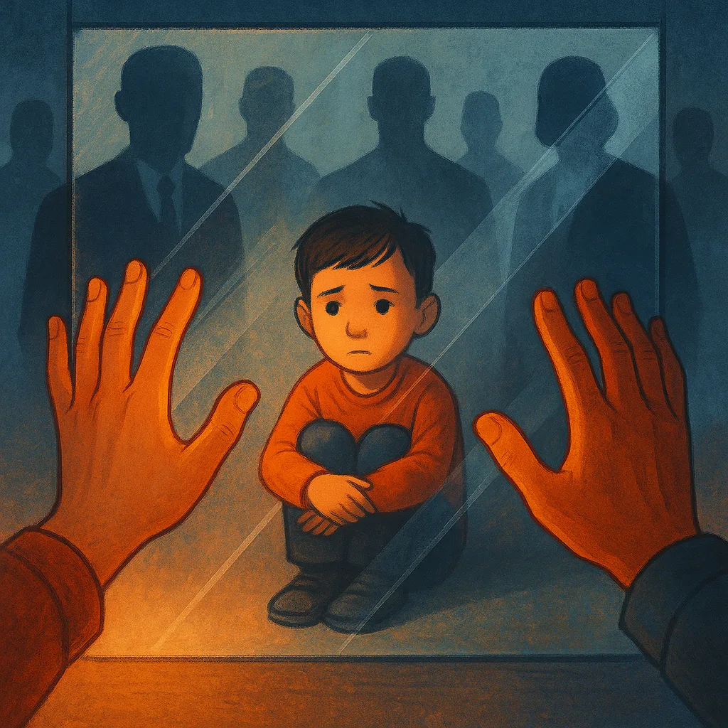 Illustratie van kind achter glas met ouder en vertrouwenspersoon die steun bieden.