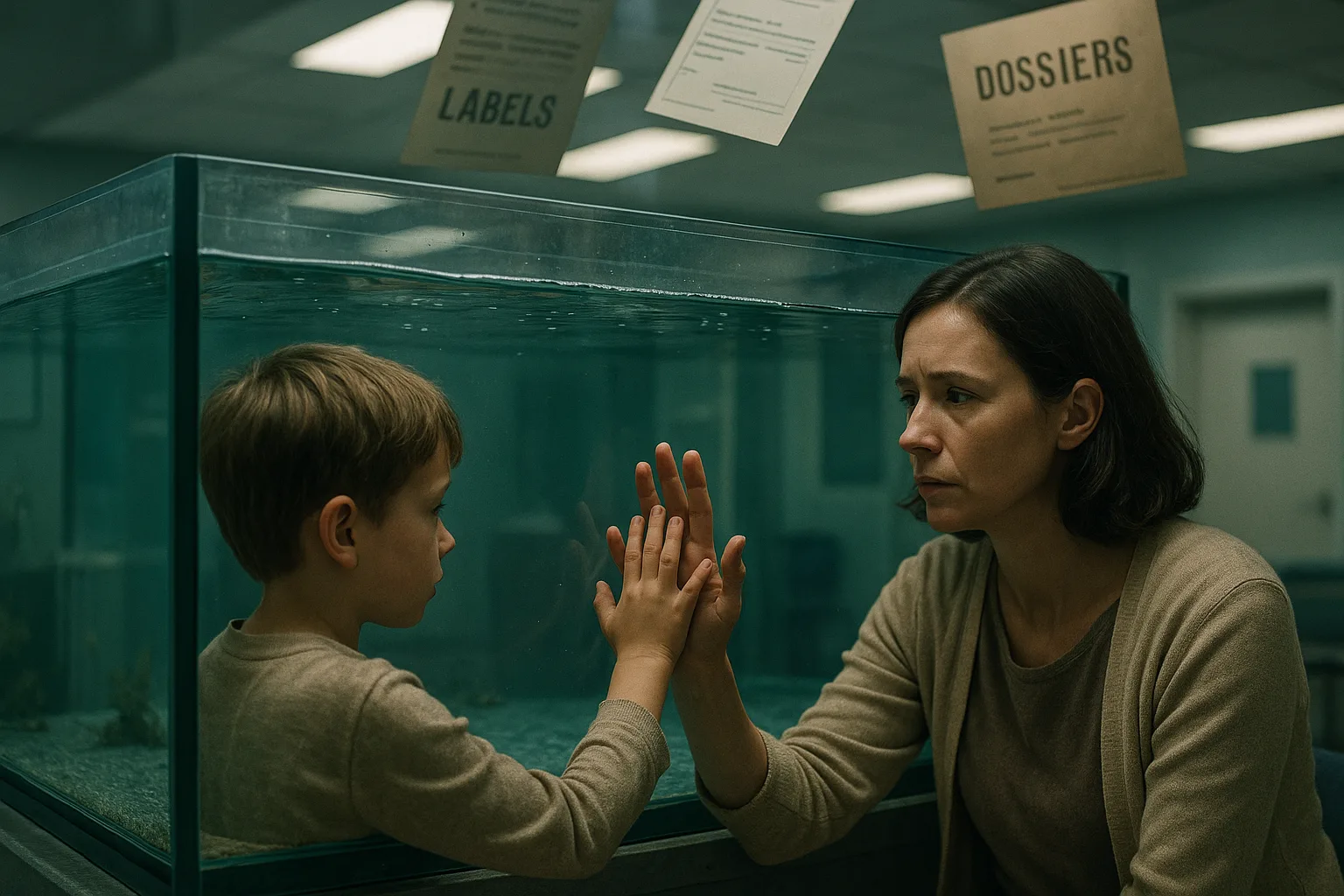 Kind en ouder gescheiden door glas, symbool voor uitsluiting en systeemdenken.