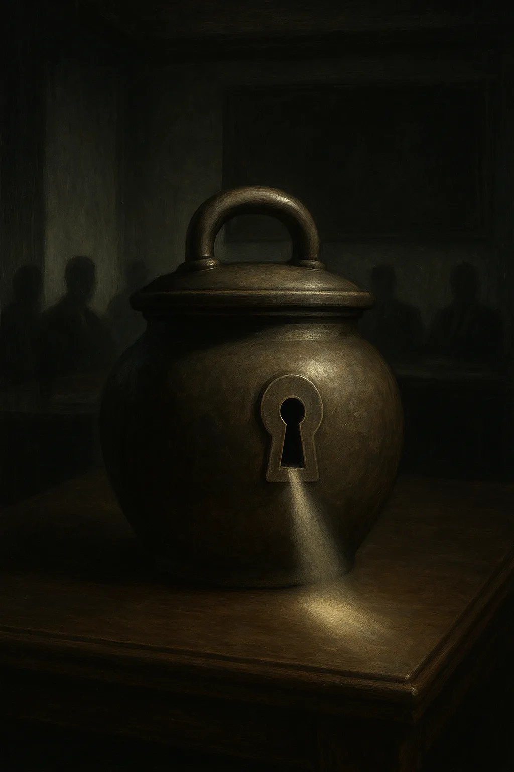 Symbolische doofpot met sleutelgat en lichtstraal in bestuurskamer