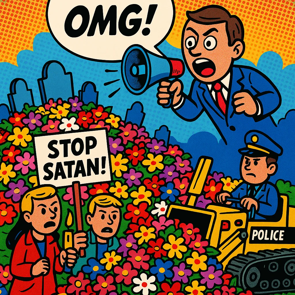 Popart cartoon van een begraafplaats overspoeld met bloemen en protestborden.