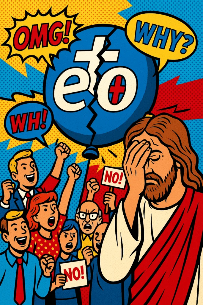 Popart cartoon van een EO-ballonnenlogo dat barst en mensen in kampen verdeelt.
