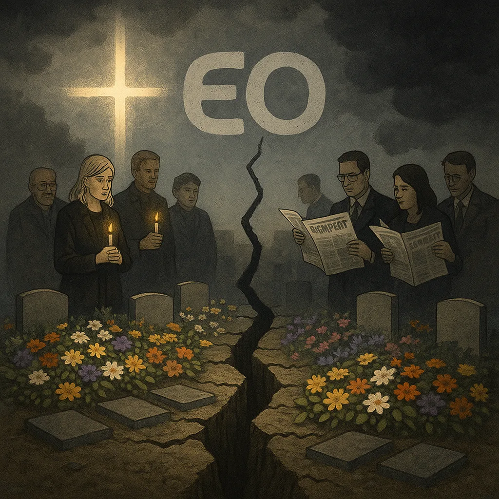 Symbolische afbeelding van de Bodegraven-zaak: verdeeldheid tussen complotgelovigen en sceptici bij een bloemenzee, onder het vervagende EO-logo.