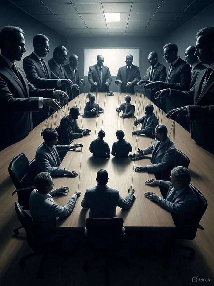 Illustratie van machthebbers die mensen aan touwtjes besturen.