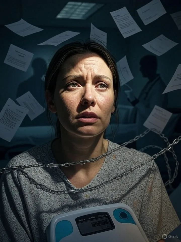 Illustratie van dwangzorg versus mensenrechten met protocollen als ketens.