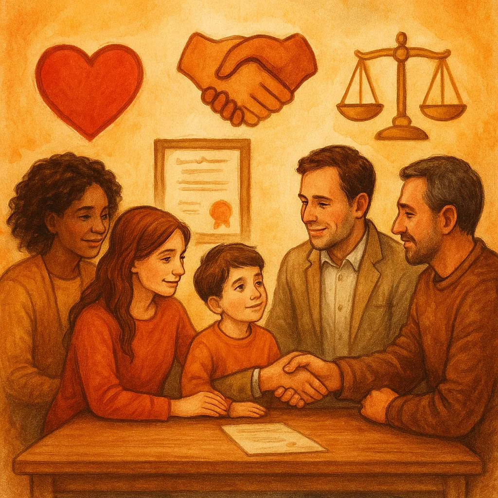 Warme illustratie van overleg in de jeugdzorg met professionals, ouders en kind, omringd door symbolen van liefde, samenwerking en zorg, in herfsttinten.