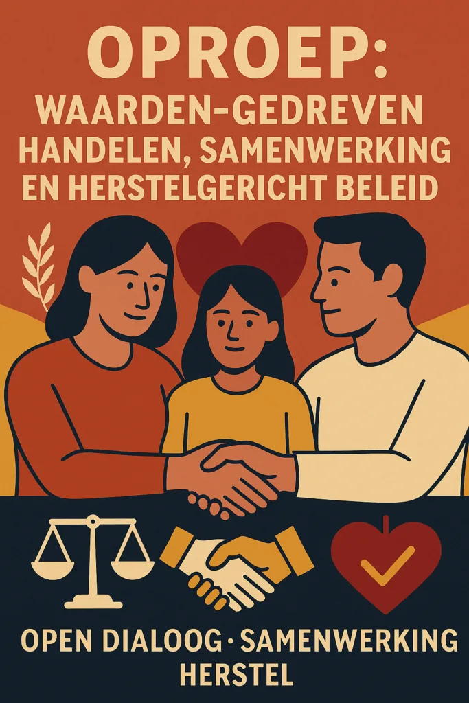 Illustratie van oproep tot waardengedreven handelen, samenwerking en herstelgericht beleid met drie personen, hart en weegschaal.