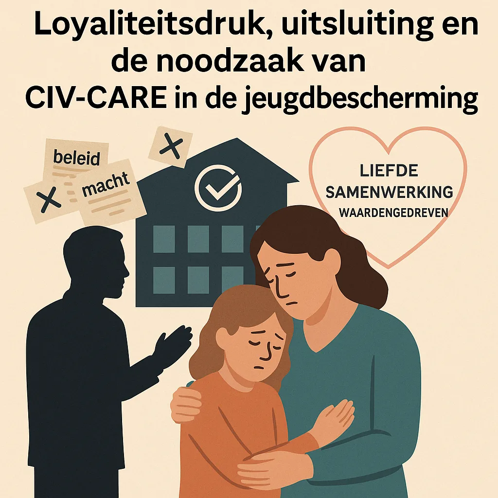 Illustratie van waardengedreven jeugdbescherming met liefde, samenwerking en zorg centraal.