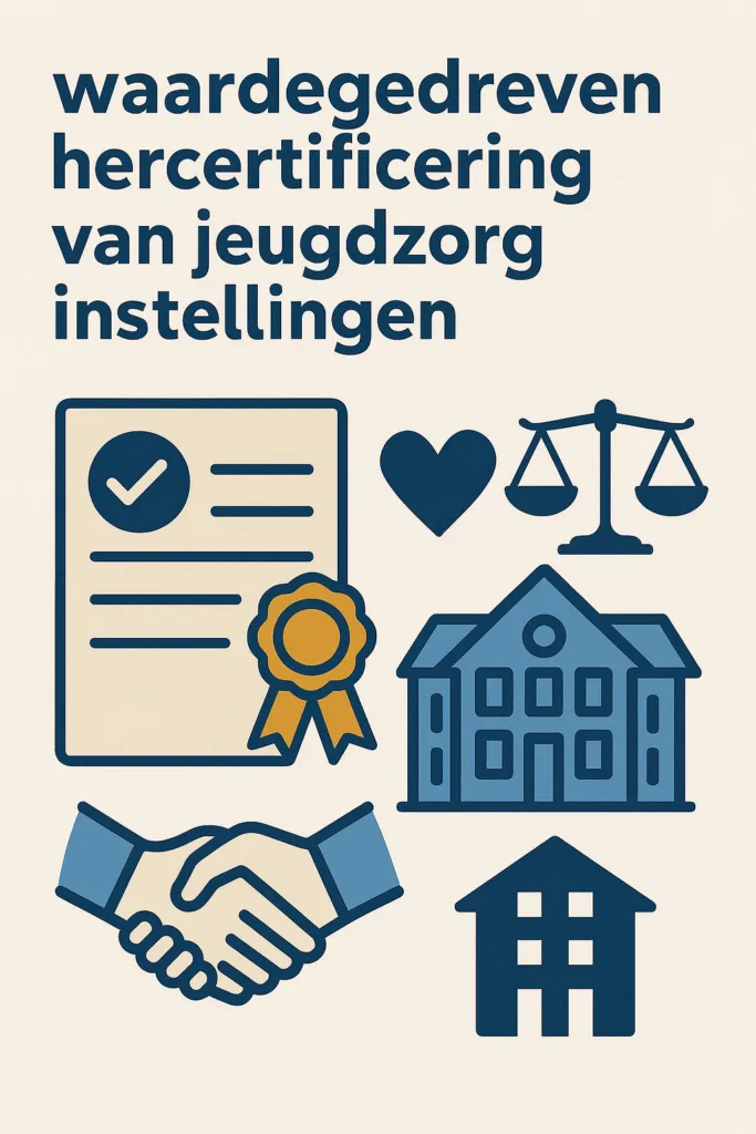 Portretillustratie van waardegedreven hercertificering van jeugdzorginstellingen met certificaat, hart, weegschaal, gebouw en handdruk.