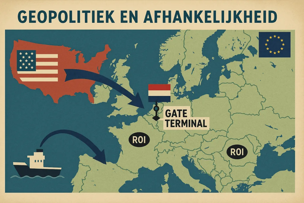 Politieke infographic van Europa met markeringen voor de Gate LNG-terminal in Nederland, pijlen vanuit de VS, vlaggen en ROI-symbolen, als visuele weergave van geopolitieke afhankelijkheden.