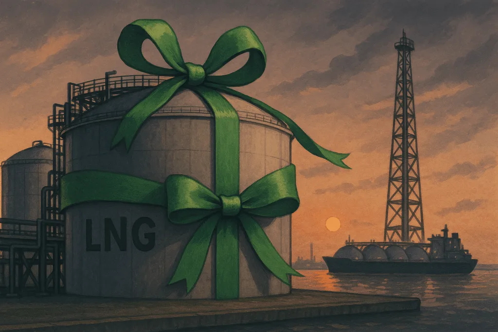 Satirische illustratie van een LNG-terminal in avondlicht, omwikkeld met een groen lint, symboliserend de tegenstelling tussen milieuvriendelijke beeldvorming en industriële realiteit.