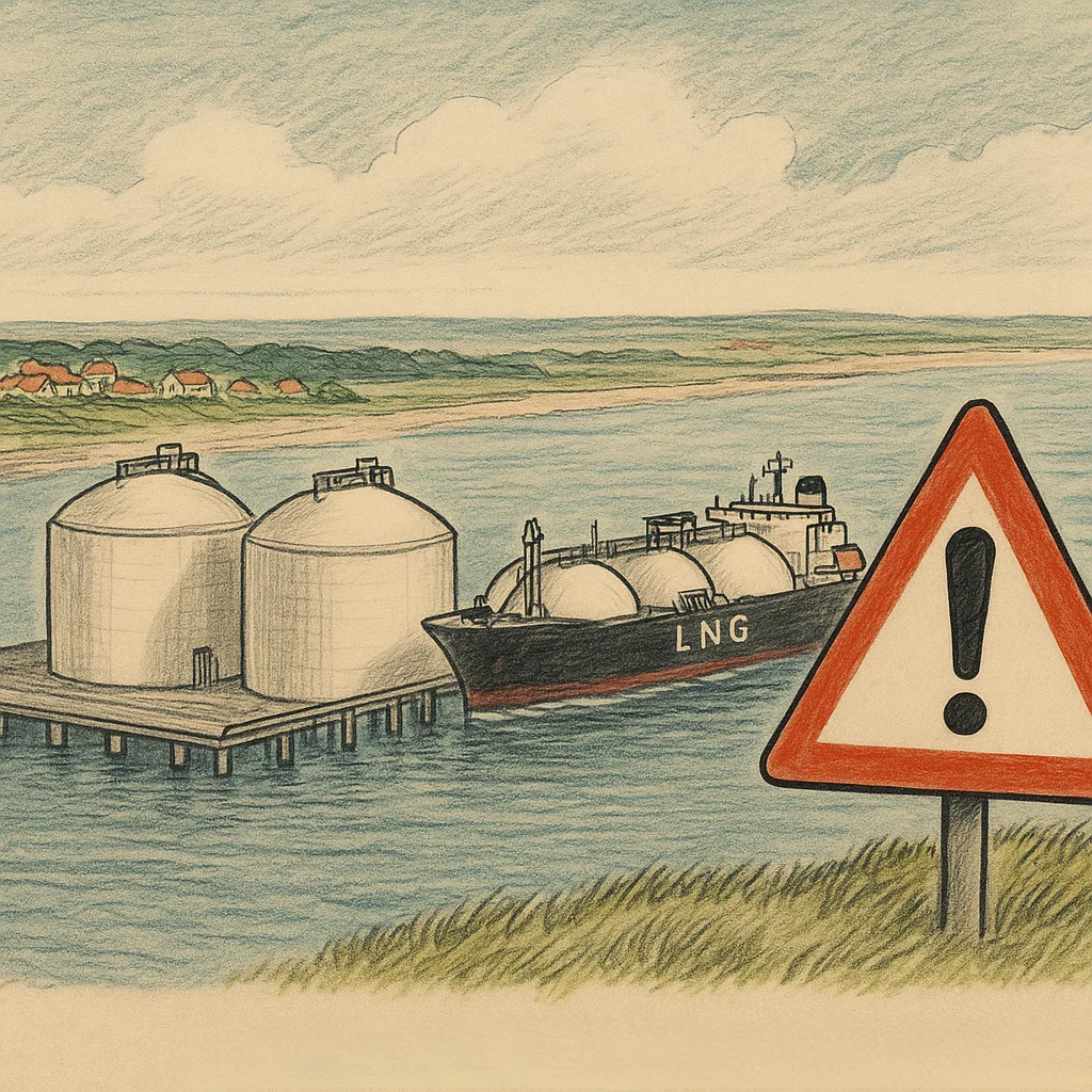 Handgetekende illustratie van een LNG-terminal aan de kust met opslagtanks, een LNG-tanker, een waarschuwingsbord en een dorp op de achtergrond, symbool voor milieu-impact.