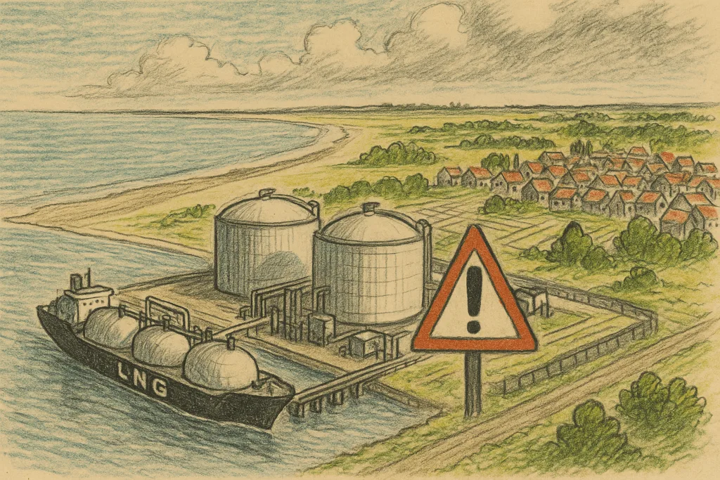 Handgetekende illustratie van een LNG-terminal aan zee, met grote opslagtanks, een LNG-tanker aan de kade, een dorp op de achtergrond en een opvallend rood waarschuwingsbord.