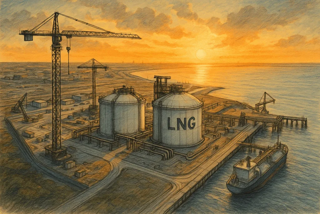 Handgetekende luchtweergave bij zonsopkomst van de Gate LNG-terminal in aanbouw op de Maasvlakte, met opslagtanks, kranen en aanlegsteiger.