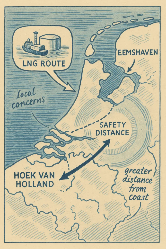 Retro-kaartillustratie uit de jaren ’70 van Nederland met markeringen voor Hoek van Holland en Eemshaven, inclusief LNG-route, veiligheidszones en handgeschreven notities.