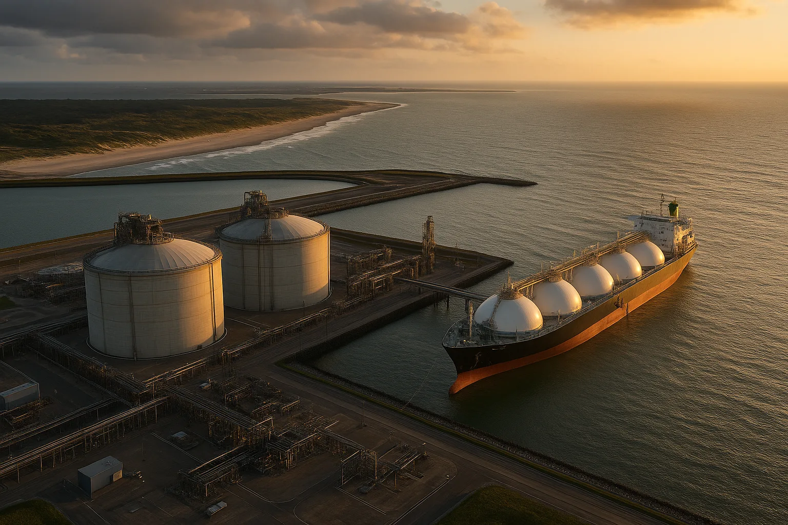 Luchtfoto van Gate LNG-terminal Maasvlakte met drie opslagtanks, een aangemeerde LNG-tanker en Hoek van Holland op de achtergrond in avondlicht.