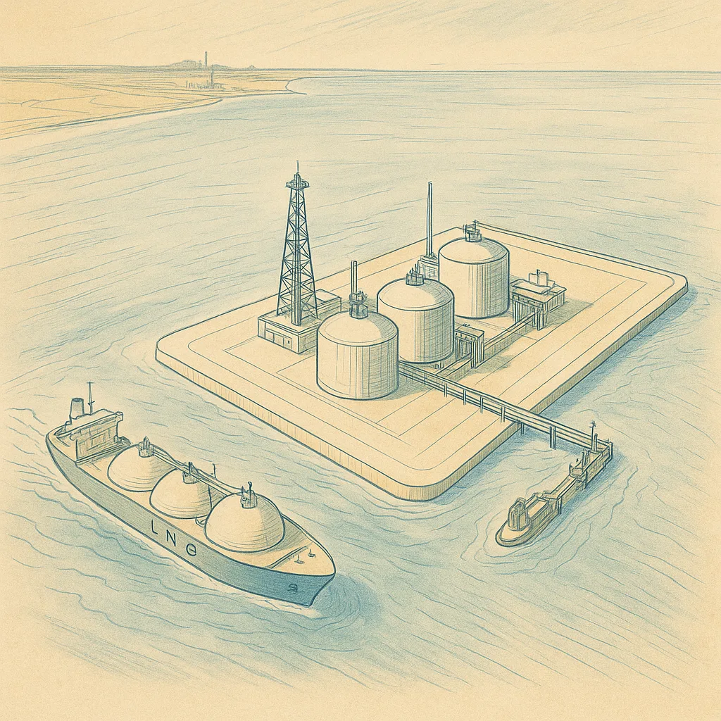 Retro-blauwdrukillustratie van een gepland LNG-eiland op zee in de jaren ’70, met opslagtanks, offshore-platform en een LNG-tanker nabij de kust van Rotterdam.
