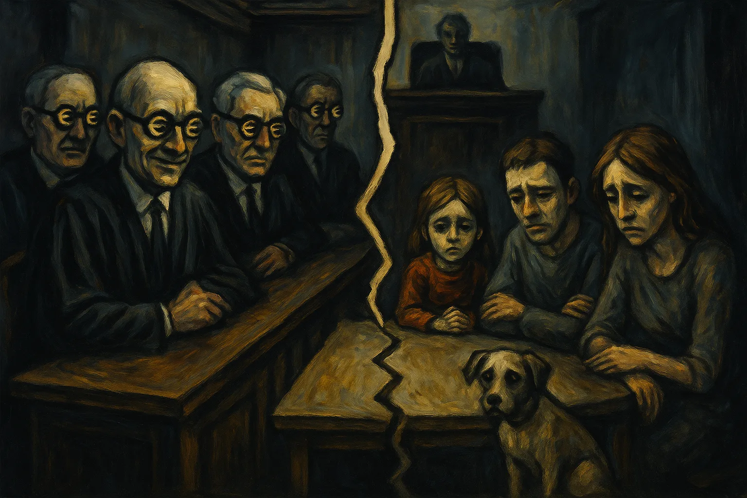 Symbolische schets van een gebroken gezin tegenover juridische winnaars in een rechtbanksetting.