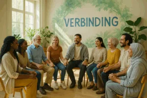 Mensen in een kring in een vredige ruimte die verbondenheid en herstel uitstralen.