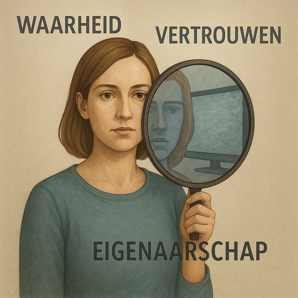 Vrouw kijkt in spiegel waarin media en identiteit samenvloeien – symbool voor eigenaarschap en framing.