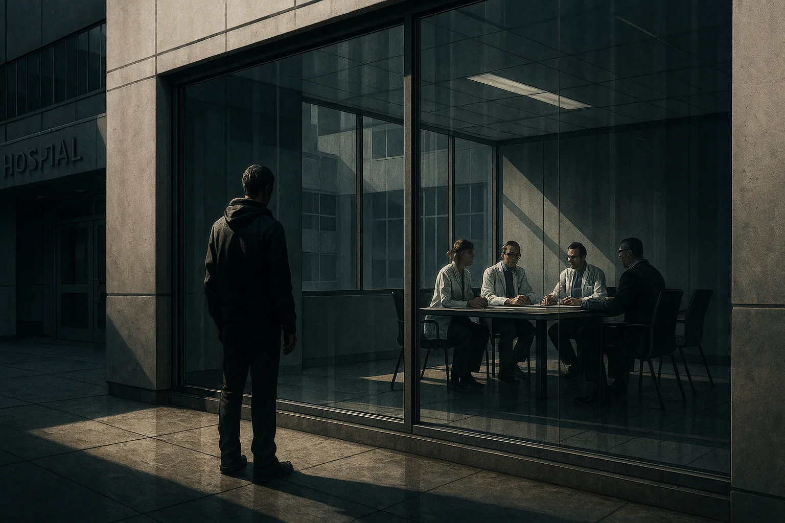 Cliënt buitengesloten van zorginstelling achter glazen muur.