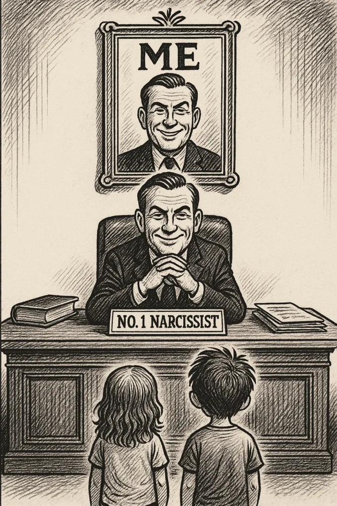 Satirische illustratie van een jeugdzorgmanager die zichzelf bewondert, met een bordje ‘No. 1 Narcissist’ op zijn bureau en een portret boven hem met het opschrift ‘ME’. Twee kinderen kijken vanaf de schaduw toe.