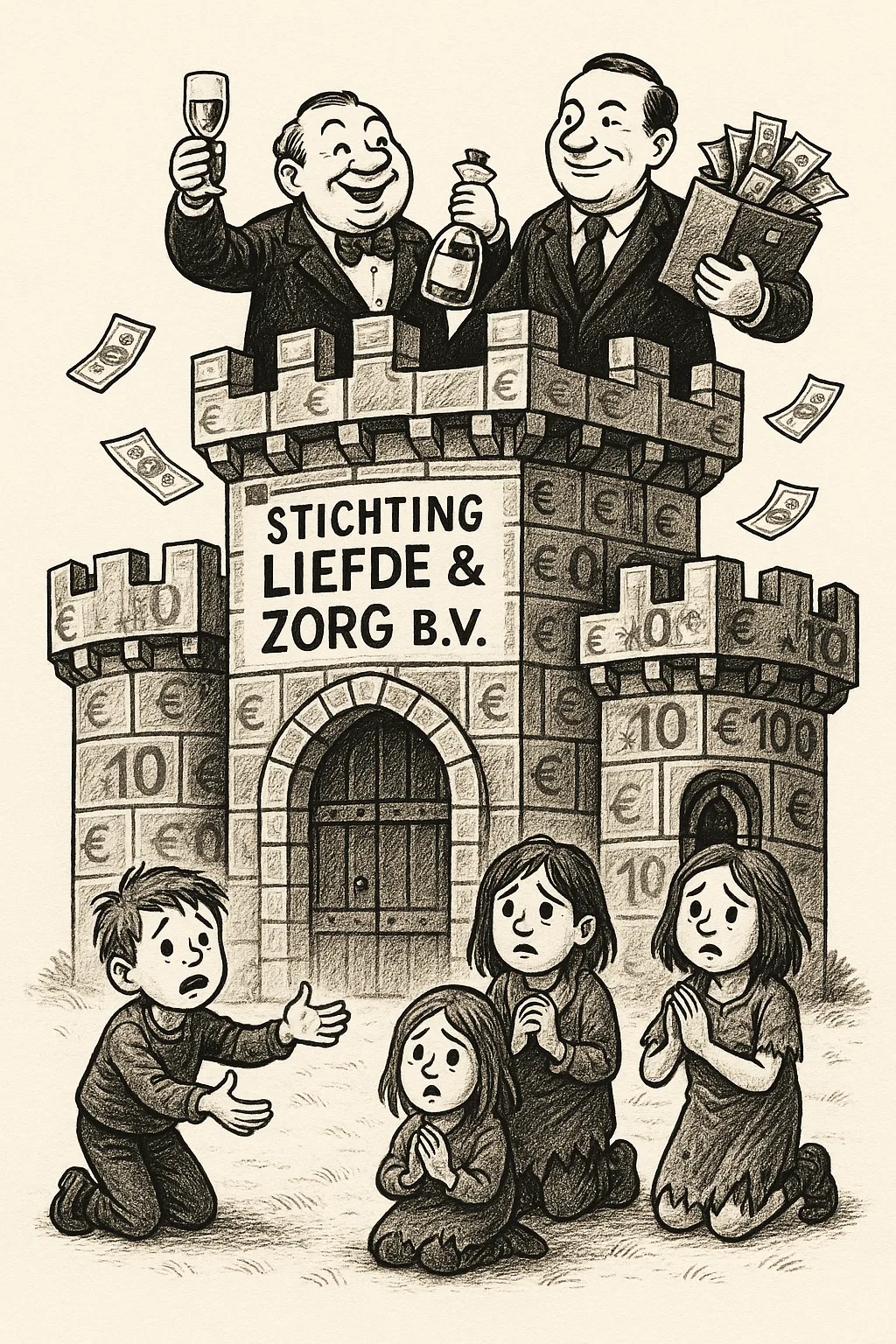 Satirische tekening van een kasteel gebouwd van eurobiljetten, met de tekst ‘Stichting Liefde & Zorg B.V.’. Bestuurders op het dak drinken champagne en tellen geld, terwijl kinderen smekend voor de poort staan.