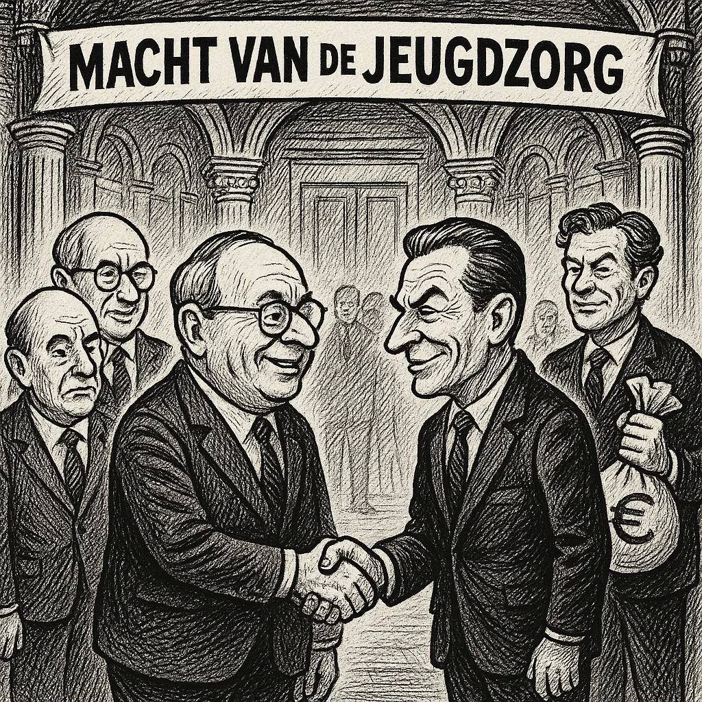 Karikatuur van heren in pakken die elkaar de hand schudden onder een spandoek met de tekst ‘Macht van de Jeugdzorg’, terwijl een man op de achtergrond een zak met geld vasthoudt.