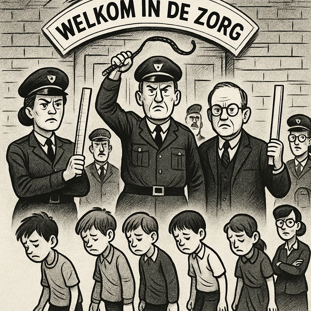 Zwart-wit karikatuur van een kostschool in de jaren ’50, strenge opvoeders met linialen en zwepen onder bord ‘Welkom in de zorg’, terwijl kinderen met gebogen hoofden in rijen marcheren.