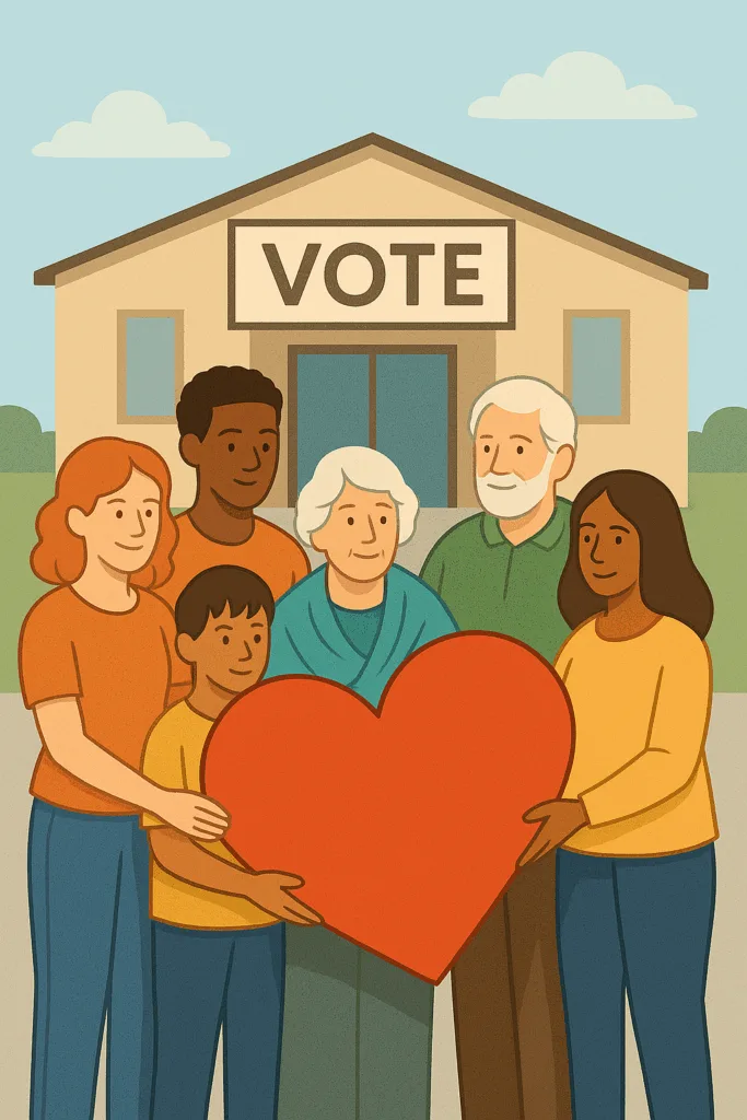 Mensen van diverse achtergronden houden samen een hart vast voor een stemlokaal.