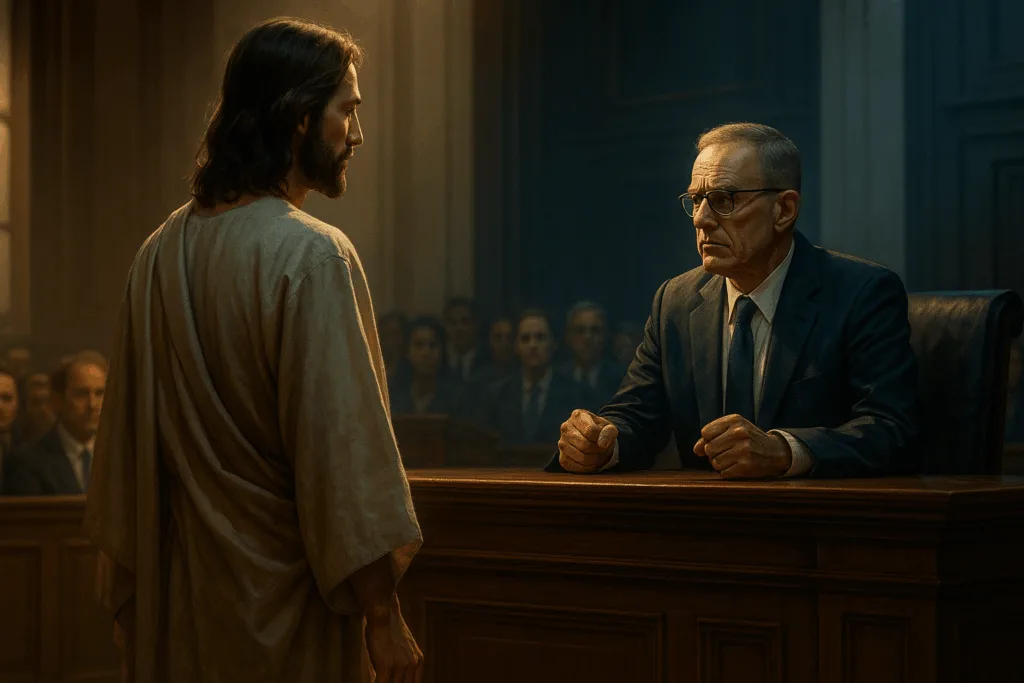 Jezus tegenover een machthebber, als symbool van Johannes 18 vers 36.