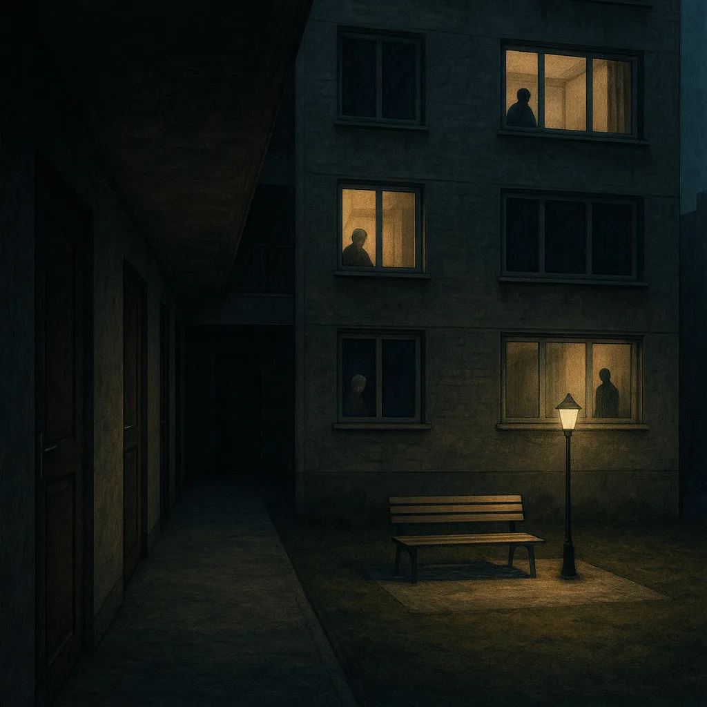 Flatgebouw met gesloten deuren en ramen, weinig zichtbare bewoners; bankje buiten dat uitnodigt tot ontmoeting.