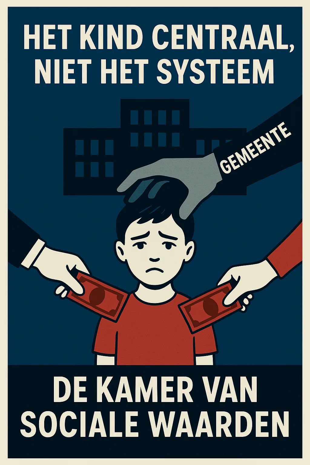 Kind tussen ouders; gemeentelijke hand neemt geld weg — symbool dat alimentatie niet bij het kind terechtkomt.