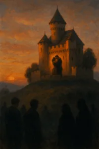 Twee geliefden omarmd binnen de muren van een klein kasteel bij zonsondergang, terwijl buiten anderen in de schaduw staan.