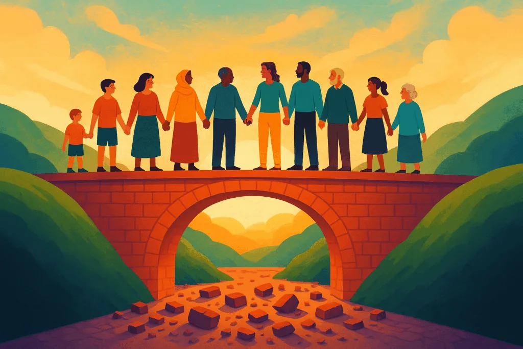 Mensen van diverse achtergronden hand in hand op een brug over een kloof met neergehaalde muurresten.