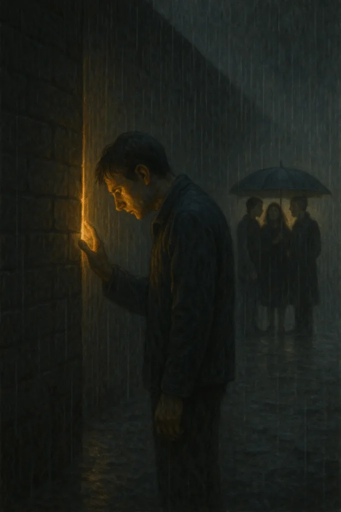 Een eenzame figuur in de regen bij een hoge muur, met aan de overzijde mensen samen in het licht.