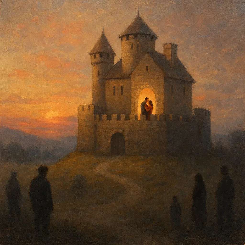 Twee geliefden omarmd binnen de muren van een klein kasteel, met eenzame figuren buiten de poort.