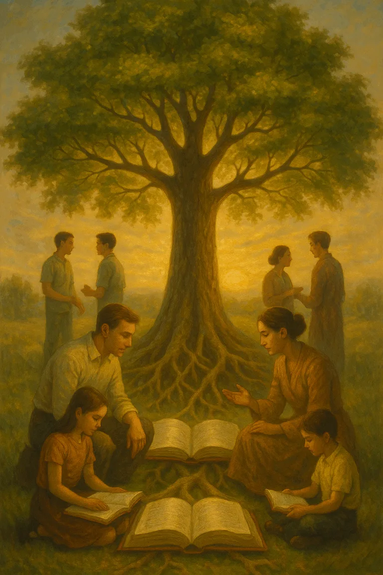 Symbolische boom van kennis met leraren en leerlingen die samen leren.