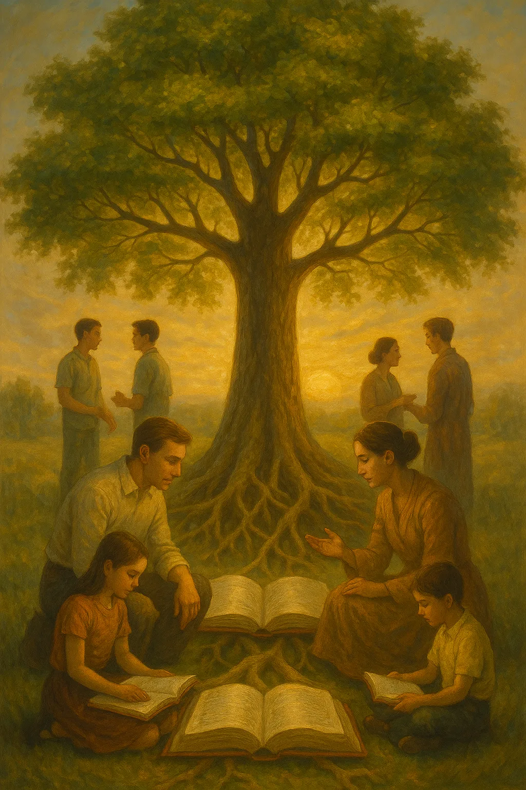 Symbolische boom van kennis met leraren en leerlingen die samen leren.