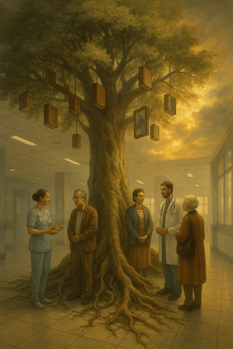 Symbolische boom van kennis in de zorg, met mensen die samen reflecteren onder haar takken.