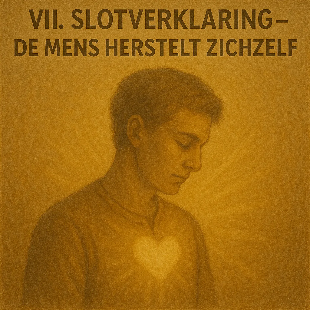 Een jonge man kijkt neerwaarts terwijl uit zijn hart zacht licht straalt — symbool voor innerlijk herstel, liefde en menselijkheid.