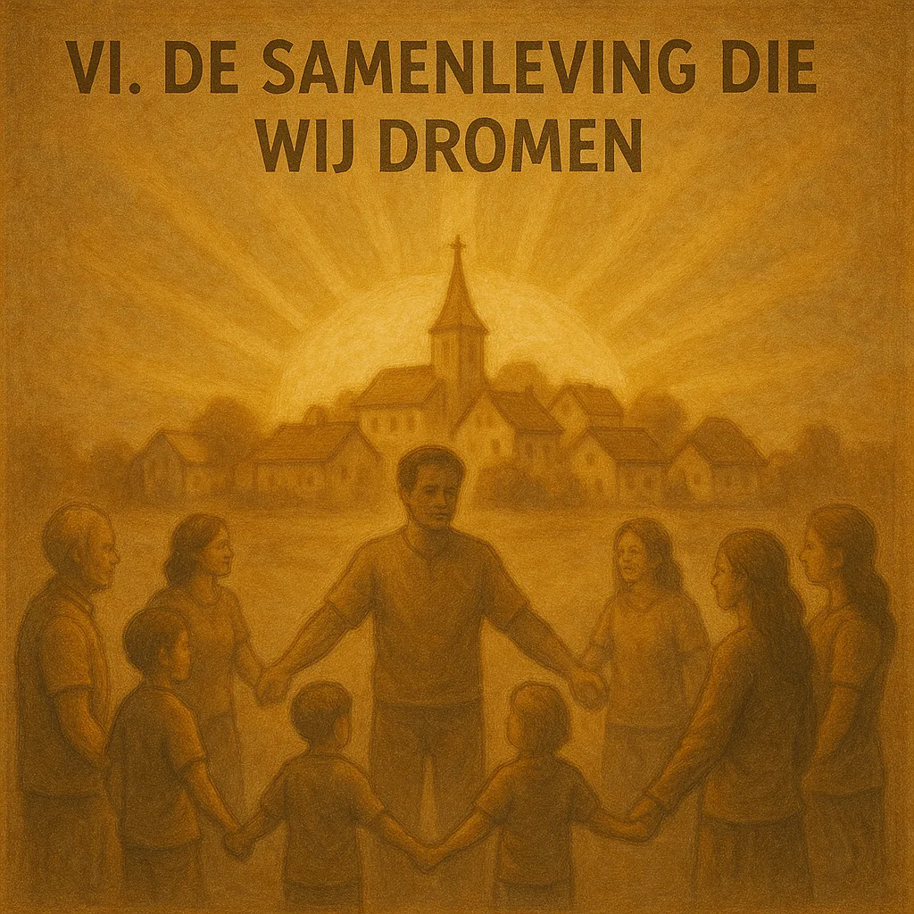 Een groep mensen van alle leeftijden houdt elkaars handen vast in een cirkel, terwijl achter hen een dorp baadt in goud licht — symbool voor saamhorigheid en hoop.