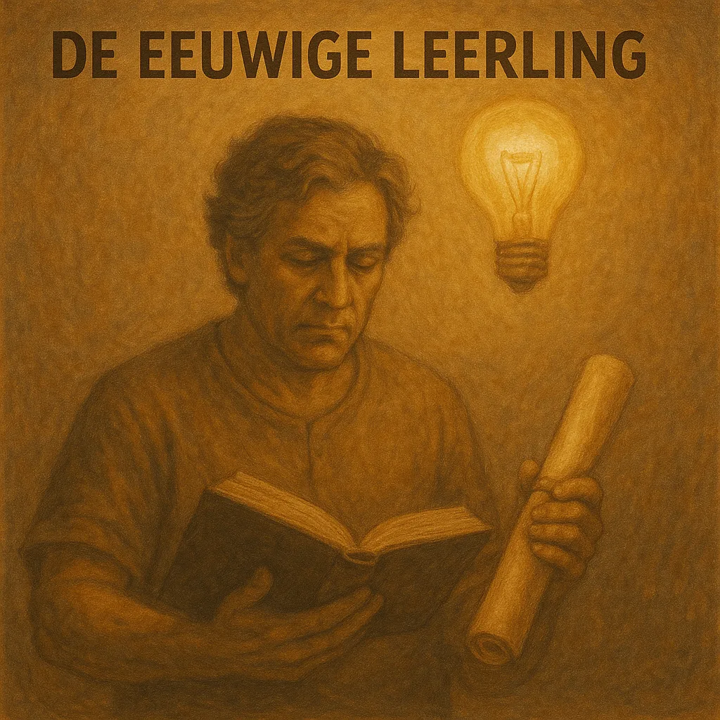 Een man houdt een boek en een opgerolde diploma onder het licht van een gloeilamp — symbool voor nederigheid, kennis en levenslang leren.