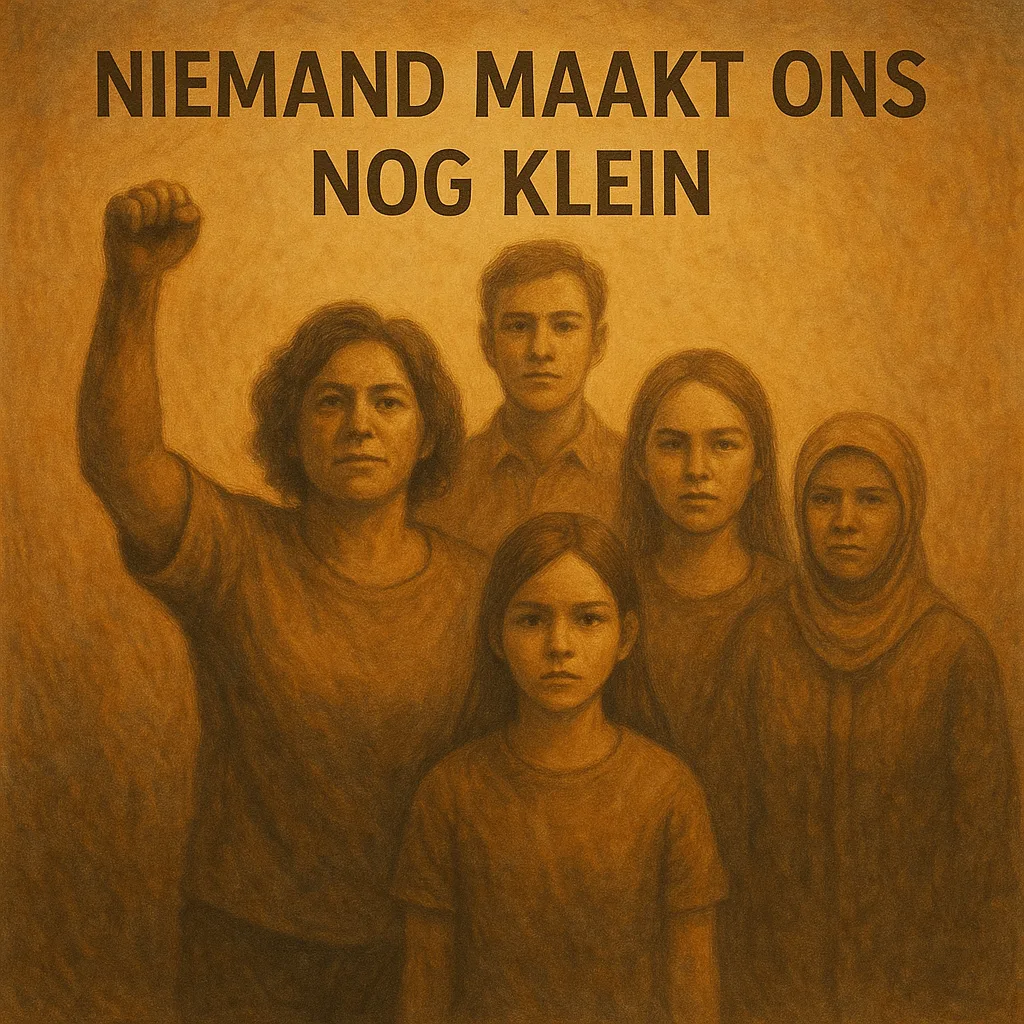 Een diverse groep mensen van verschillende leeftijden en achtergronden kijkt vastberaden vooruit, één vrouw heft haar vuist — symbool voor kracht en solidariteit.