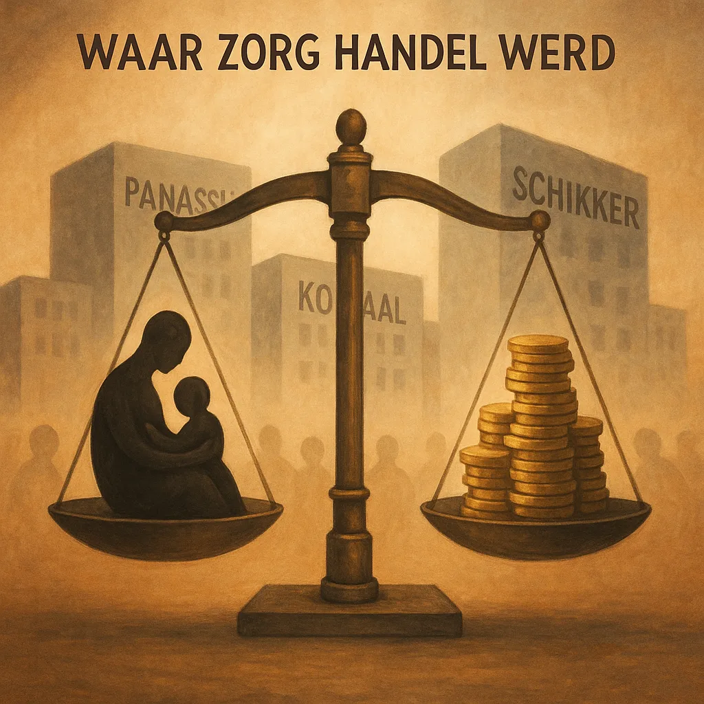 Een weegschaal met aan de ene kant een moeder met kind en aan de andere kant stapels munten, tegen een achtergrond van zorginstellingen — symbool voor de vercommercialisering van zorg.